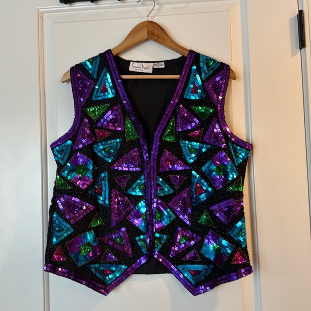 Lawrence Kazar Retro Vest Black Silk with Blue and Purple Sequins XL